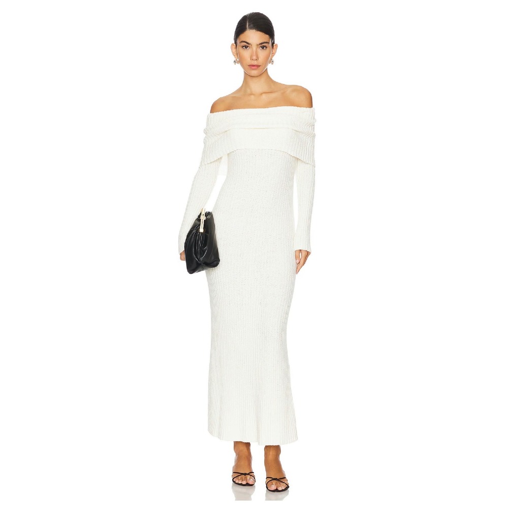 Lovers and Friends Ivory Ribbed Off Shoulder Maxi Sweater Dress White Long Slv L